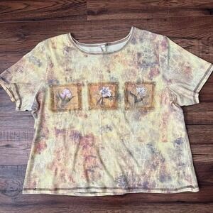 Vintage Y2K Floral Art Tee Rhinestone Detail Earth Tone Tie Dye Top Women Large
